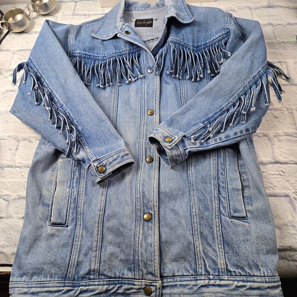 Vintage Learsi 90's Denim Jacket Fringe Yoke Arms 100% Cotton Faded size Small - Picture 11 of 15